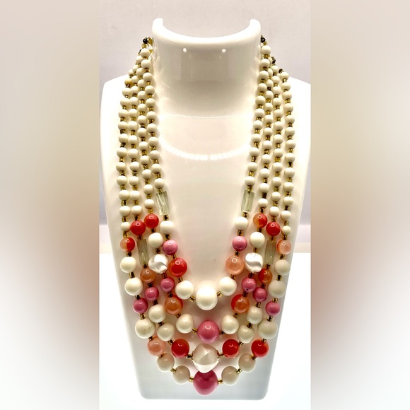 Vintage Jewelry - Vintage Signed Japan Multistrand Pink and White Acrylic Beaded Necklace